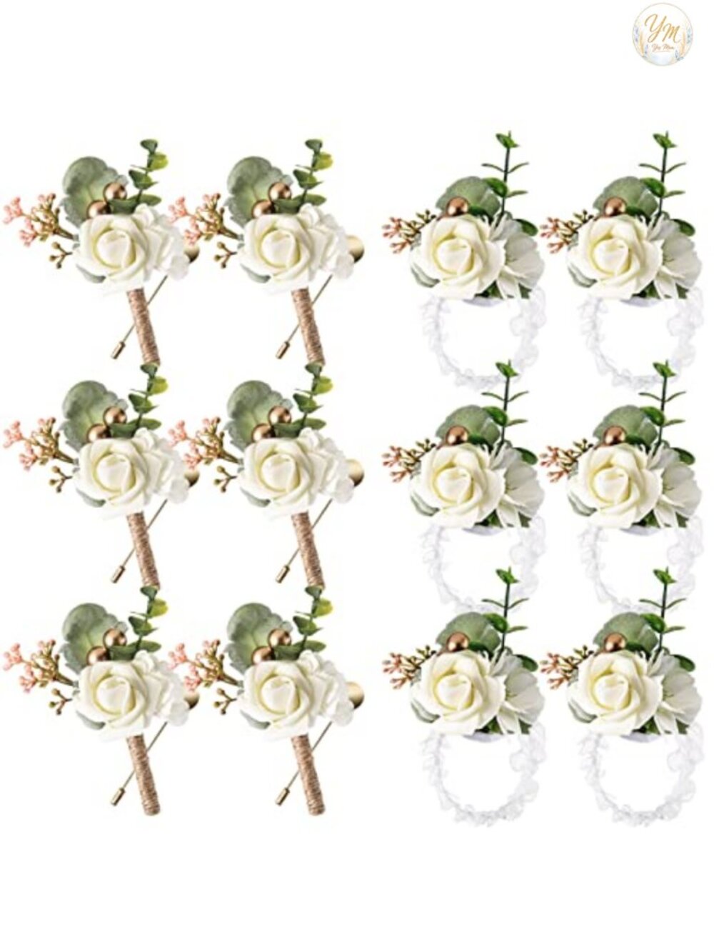 12 Pcs Wrist Corsage Boutonniere Set PE Faux Rose Wedding Prom Decor
